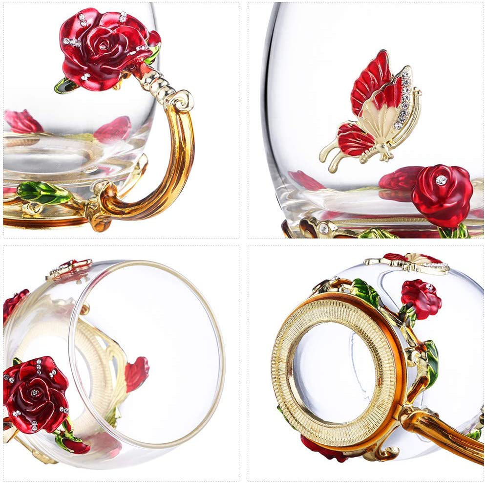 Rynx | Luka Tech Enamel Butterfly Flower Lead-free Glass Coffee Cups Tea Cup with Steel Spoon, Personal Gifts for Women Wife Mom Girl Teacher Friends Birthday Mother's Valentine's Day Wedding (Pink)