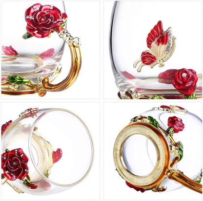 Rynx | Luka Tech Enamel Butterfly Flower Lead-free Glass Coffee Cups Tea Cup with Steel Spoon, Personal Gifts for Women Wife Mom Girl Teacher Friends Birthday Mother's Valentine's Day Wedding (Pink)