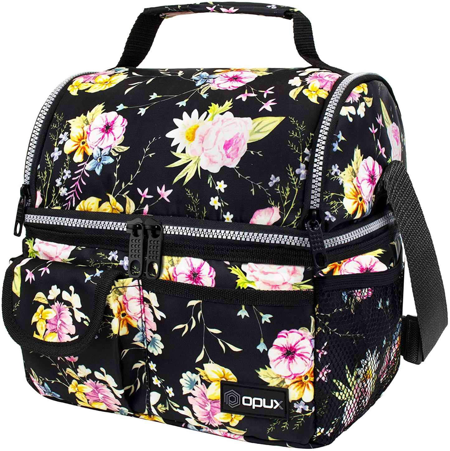 Rynx | Opux Insulated Double Compartment Lunch Bag For Women | Double Storage Reusable Lunch Container Cooler Bag With Shoulder Strap, Soft Leakproof Lining | Large Lunch Box Tote For Work, School (Flower Purple)