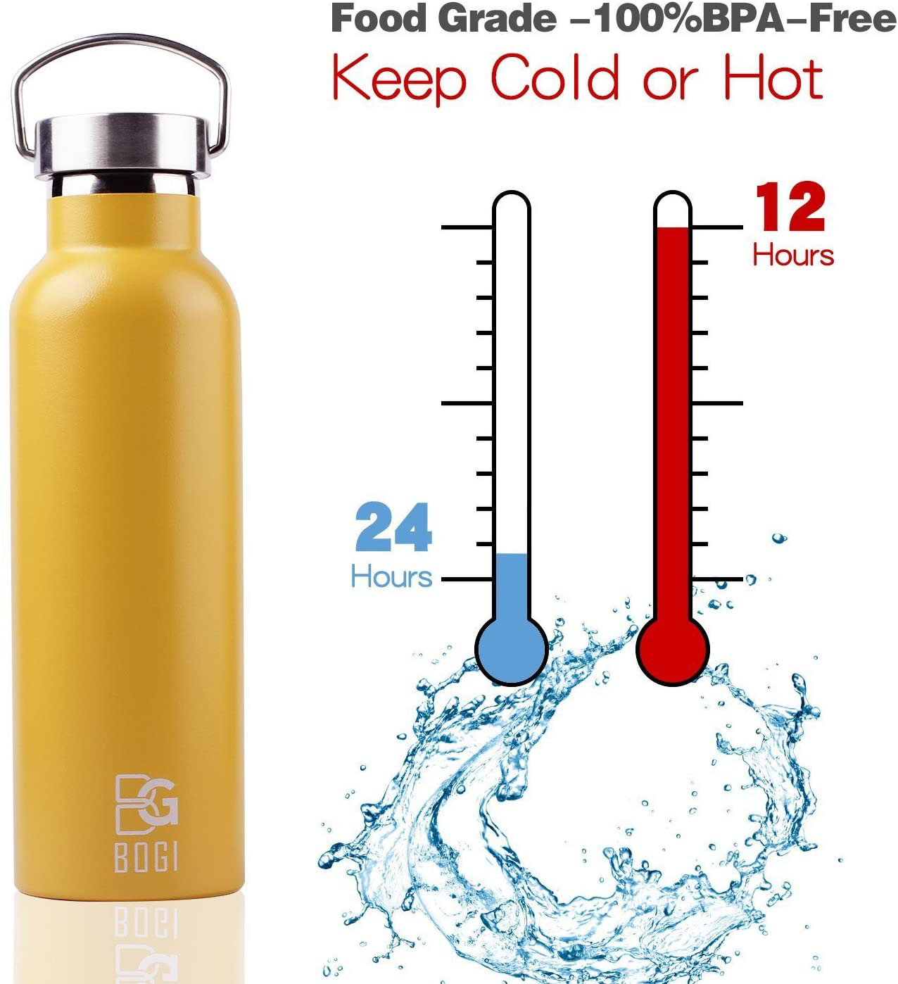 Rynx | BOGI 20oz Double Wall Vacuum Insulated Stainless Steel Water Bottle - Scratch Resistant & Eco-Friendly for Outdoor Sports Yoga Camping + Straw Flip Lid, 2 Straws & Cleaning Brush