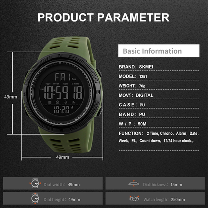 Rynx | Men's Waterproof Digital Sports Watch, Alarm, Backlight, Classic Large Dial
