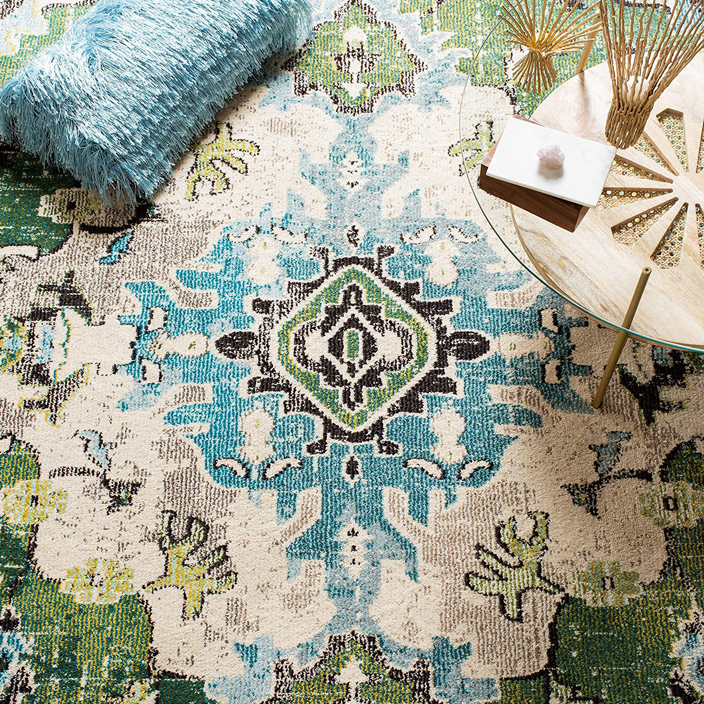 Rynx | Safavieh Monaco Collection Mnc243n Boho Chic Medallion Distressed Non-Shedding Stain Resistant Living Room Bedroom Area Rug, 3' X 3' Square, Navy Blue / Light Blue