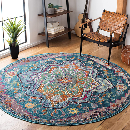 Rynx | Safavieh Crystal Collection Crs501b Boho Chic Oriental Medallion Worn Non-Shedding Stain Resistant Living Room Bedroom Area Rug, 4' X 4' Square, Light Blue / Fuchsia
