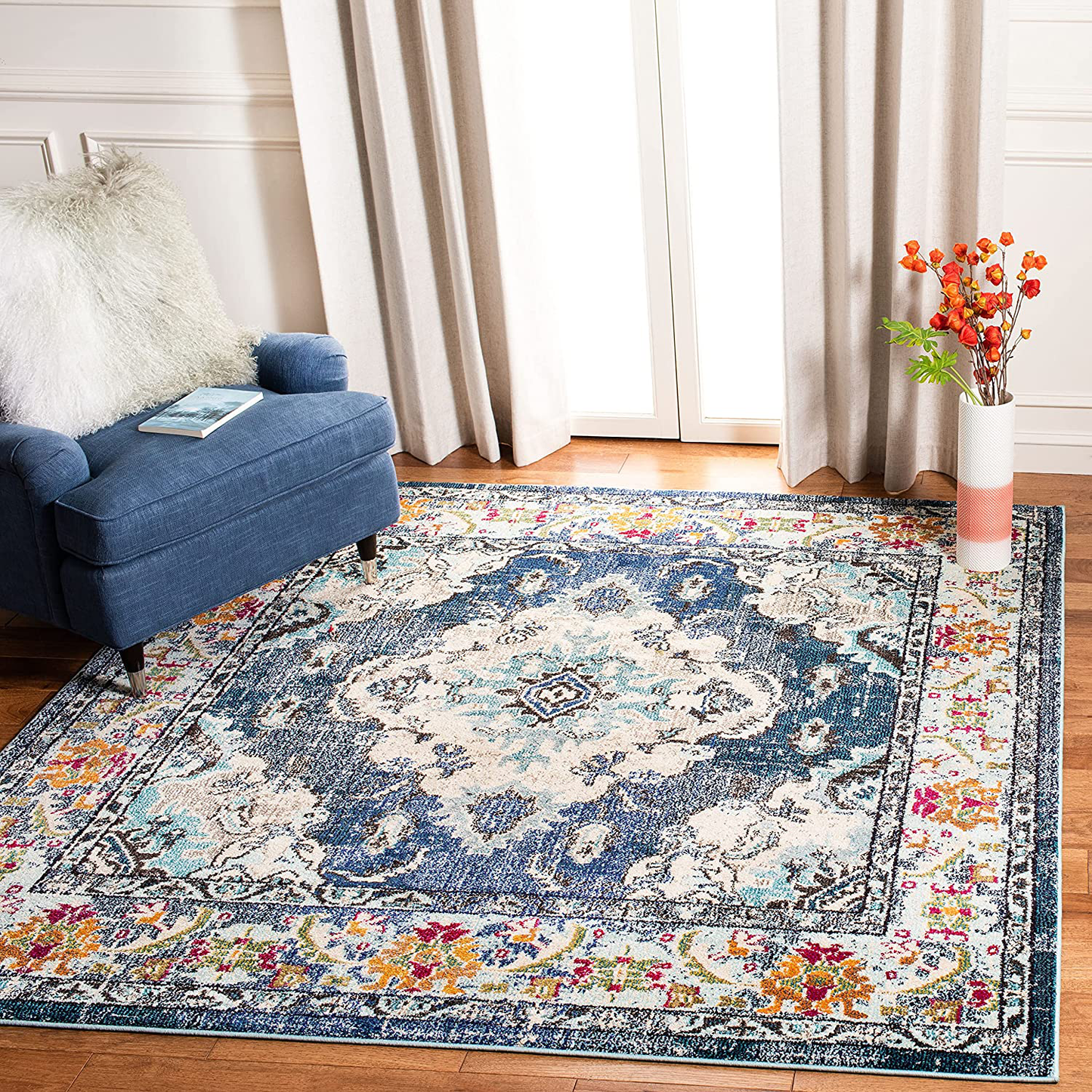 Rynx | Safavieh Monaco Collection Mnc243n Boho Chic Medallion Distressed Non-Shedding Stain Resistant Living Room Bedroom Area Rug, 3' X 3' Square, Navy Blue / Light Blue