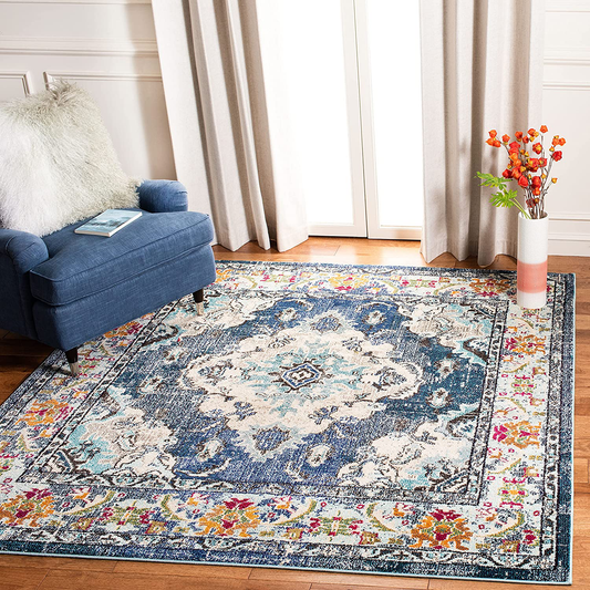 Rynx | Safavieh Monaco Collection Mnc243n Boho Chic Medallion Distressed Non-Shedding Stain Resistant Living Room Bedroom Area Rug, 3' X 3' Square, Navy Blue / Light Blue
