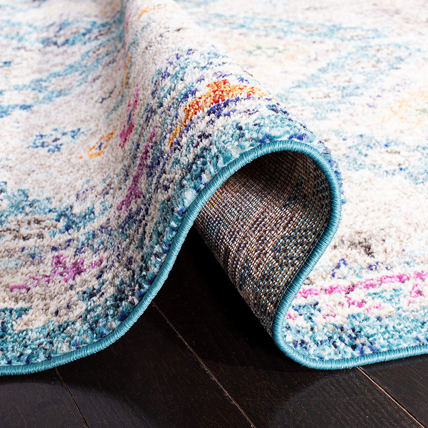 Rynx | Safavieh Madison Collection MAD418K Boho Diamond Distressed Non-Shedding Stain Resistant Living Room Bedroom Area Rug, 3' x 3' Round, Blue / Yellow