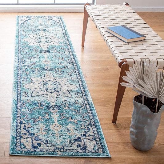 Rynx | Safavieh Madison Collection MAD473K Boho Chic Medallion Distressed Non-Shedding Stain Resistant Living Room Bedroom Area Rug, 2' x 8', Teal / Navy