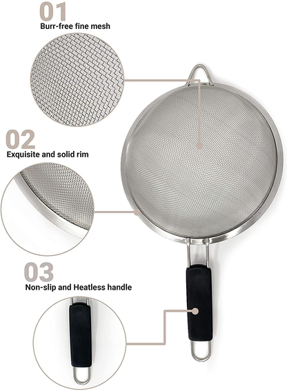 Rynx | Makerstep Set of 3 Stainless Steel Fine Mesh Strainers. Graduated Sizes 3.38", 5.5", 7.87" Strainer Wire Sieve Sifter with Insulated Handle for Kitchen Tools Gadgets
