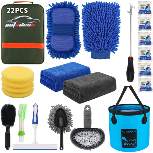 Rynx | AUTODECO 22Pcs Car Wash Cleaning Tool Set Car Detailing Set with Olive Green Leather Bag Foldable Bucket Washing Mitt Sponge Towels Tire Brush Window Scraper Duster Complete Interior Car Care Set