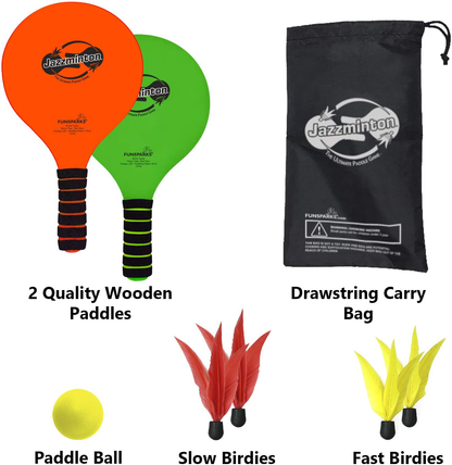 Rynx | Jazzminton Paddle Ball Game with Carrying Case - Indoor Outdoor Toy - Play on the Beach, Lawn or Backyard - 2 Wooden Rackets - 4 Shuttlecocks - 1 Ball