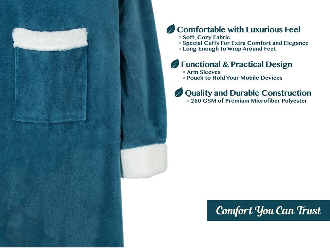 Rynx | Deluxe Cozy Sherpa or Fleece Adult Portable 70" Blanket with Sleeves for Men & Women