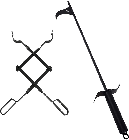 Rynx | bbq777 Fire Tool Set, 30" Fire Poker and 26" Wood Grabber for Outdoor Campfires, Camping, Wood Stove, Black