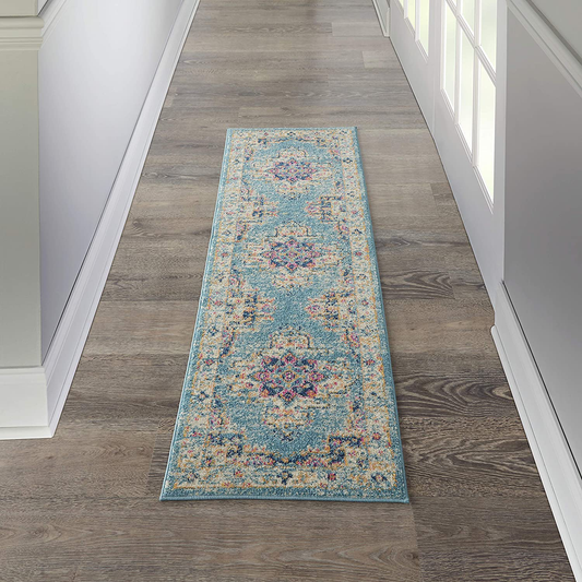 Rynx | Nourison Passion Bohemian Chic Light Blue Area Mat Runner (2' x 6'), 1'10"X6',