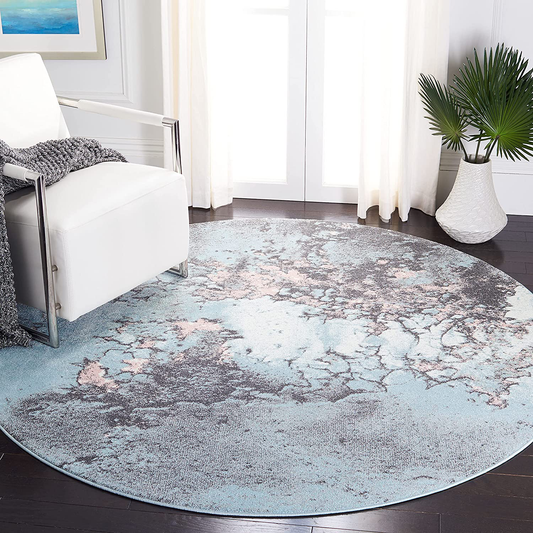 Rynx | Safavieh Glacier Collection GLA125L Modern Abstract Non-Shedding Stain Resistant Living Room Bedroom Area Rug 3' x 3' Round Blue/Pink