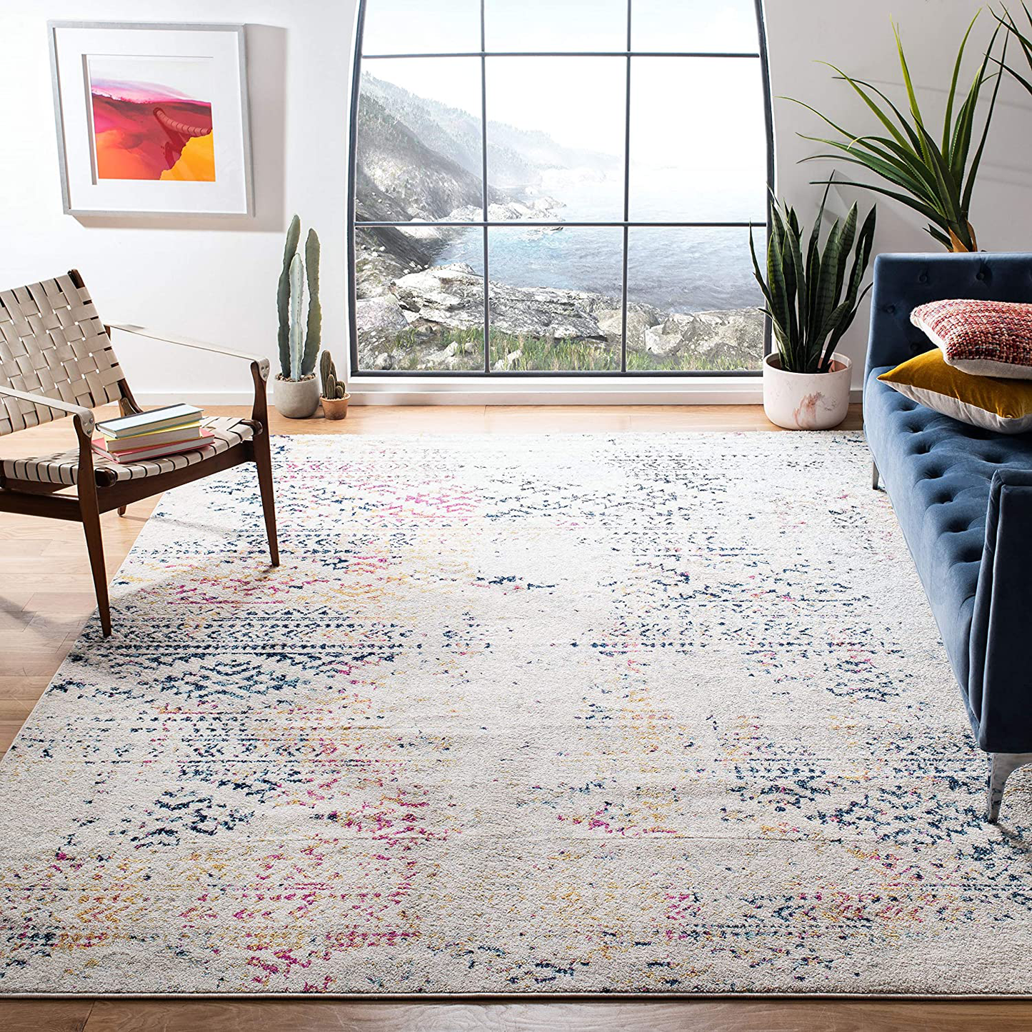Rynx | Safavieh Tulum Collection TUL272C Moroccan Boho Tribal Non-Shedding Living Room Bedroom Area Rug, 5' x 5' Square, Ivory / Blue