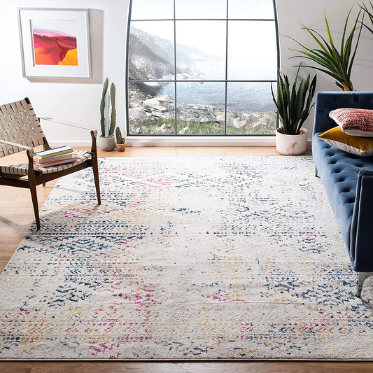 Rynx | Safavieh Tulum Collection TUL272C Moroccan Boho Tribal Non-Shedding Living Room Bedroom Area Rug, 5' x 5' Square, Ivory / Blue