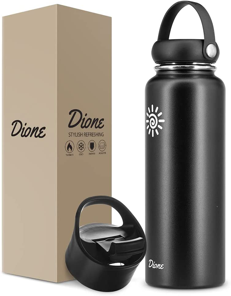 Rynx | Dione Water Bottle 40 oz. Bottle Double Wall Stainless Steel & Vacuum Insulated (Black) Sport Hydro Container for Home, Office, School, Outdoor Camping (Standard Mouth / Leak-proof / BPA-free Cap)