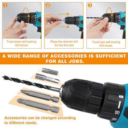 Rynx | 12V Wireless Drill with 42 Accessories with 3/8" Tool-less Chuck, 2 Speeds, 18+1 Positions, Built-in LED