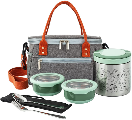 Rynx | Little Home Lunch Box Set, A Vacuum Insulated Bento/Food Box That Keeps Food Warm For 4-6 Hours, Two Steel Food Containers, A Lunch Bag, A Portable Cutlery Set (Green)