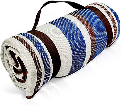Rynx | Extra Large Picnic Blanket Double Layer for Outdoor Waterproof Practical Mat Tote Our Summer Blue and White Striped for the Beach, Camping on Grass