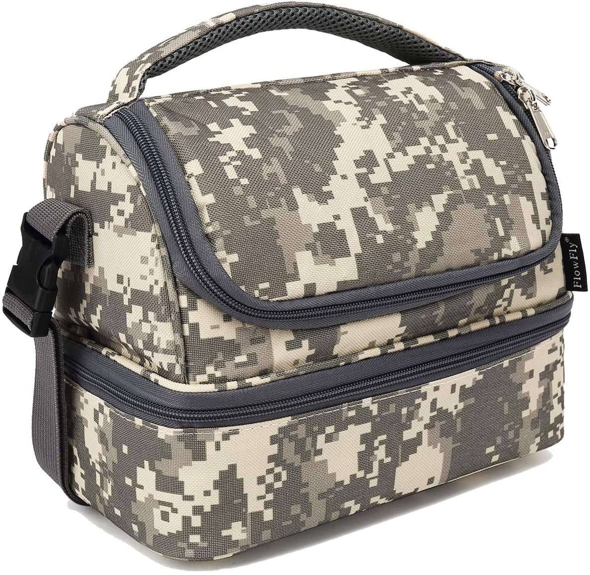 Rynx | Flowfly Kids Double Decker Cooler Insulated Lunch Bag Lunch Box Large Tote For Boys, Girls, With Adjustable Strap, Child Size, Digital Camo