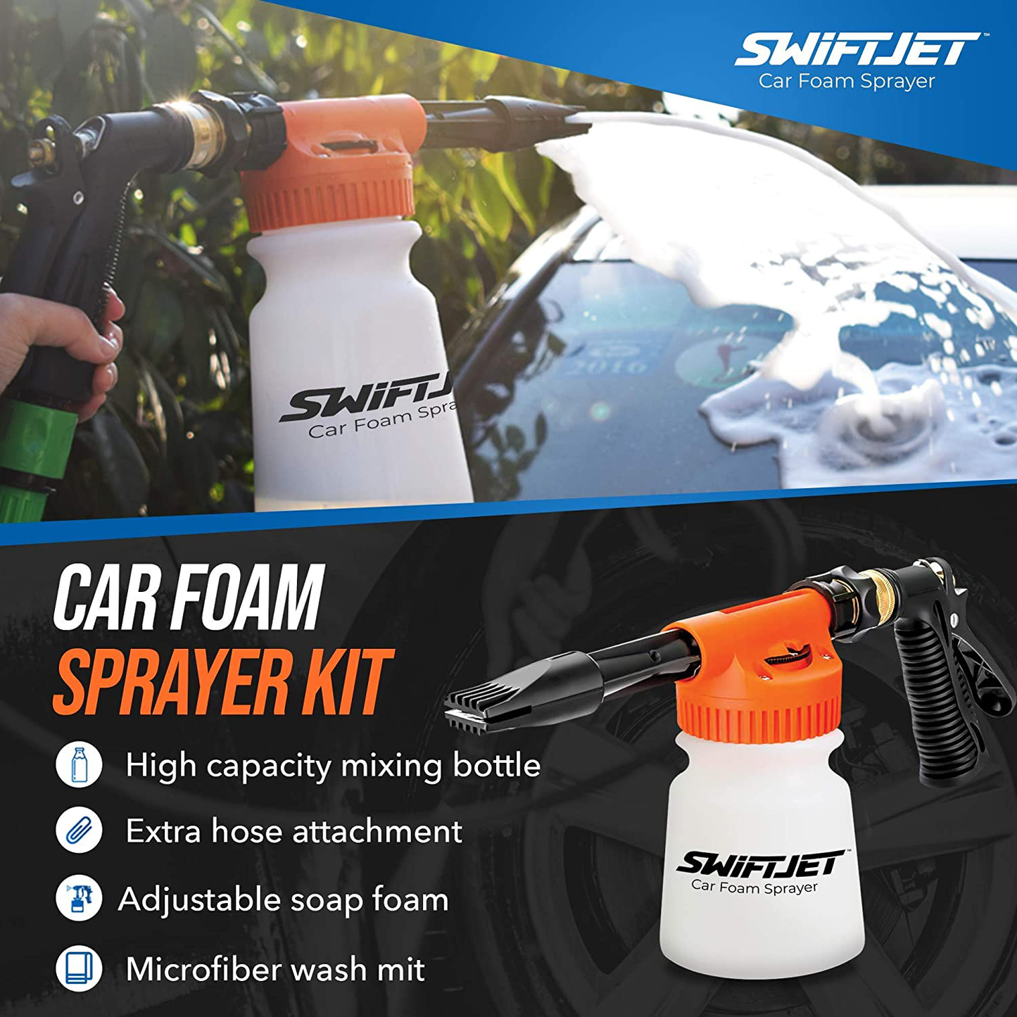 Rynx | SwiftJet Car Wash Foam Cannon Sprayer with Microfiber Wash Mitt - Adjustable Water Pressure & Soap Ratio - Foam Cannon Attaches to Any Garden Hose (Foam Sprayer with Wash Mitt)