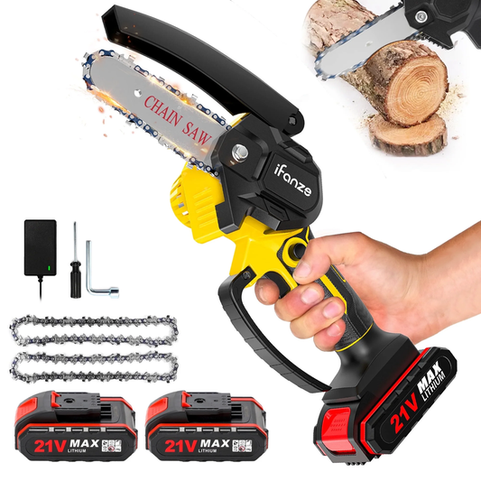 Rynx | 4 Inch Mini Chainsaw with 2 Batteries, Portable Wireless Lightweight Handheld Chainsaw