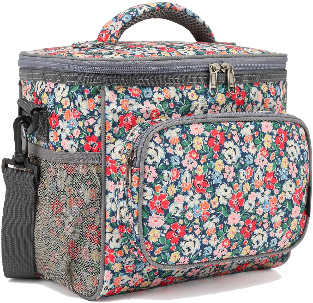 Rynx | Flowfly Insulated Reusable Lunch Box Adult Large Lunch Box For Women And Men With Adjustable Shoulder Strap Front Pocket With Zipper And Two Large Mesh Pockets On The Side, Flowers