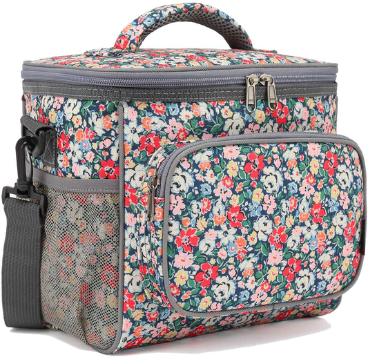 Rynx | Flowfly Insulated Reusable Lunch Box Adult Large Lunch Box For Women And Men With Adjustable Shoulder Strap Front Pocket With Zipper And Two Large Mesh Pockets On The Side, Flowers