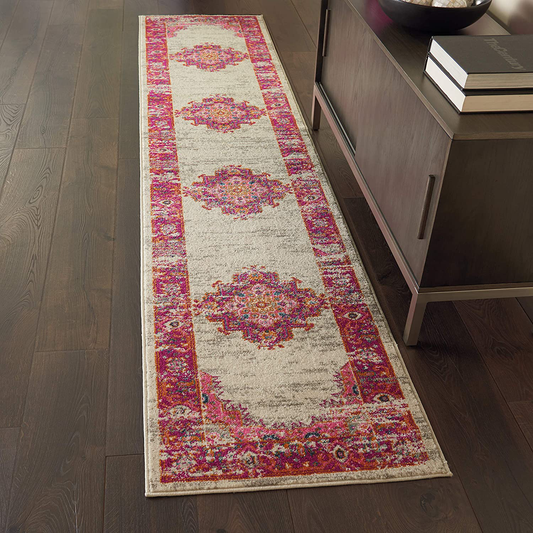 Rynx | Nourison Passion Pink and White Vintage Rug 2'2" x 10', Ivory/Fuchsia, 10 Feet