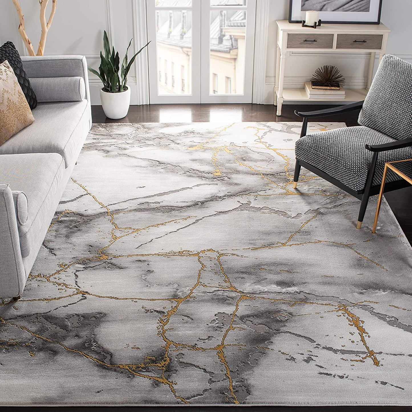 Rynx | Safavieh Craft Collection CFT877F Modern Abstract Non-Shedding Living Room Bedroom Accent Area Rug, 4' x 6', Gray / Gold