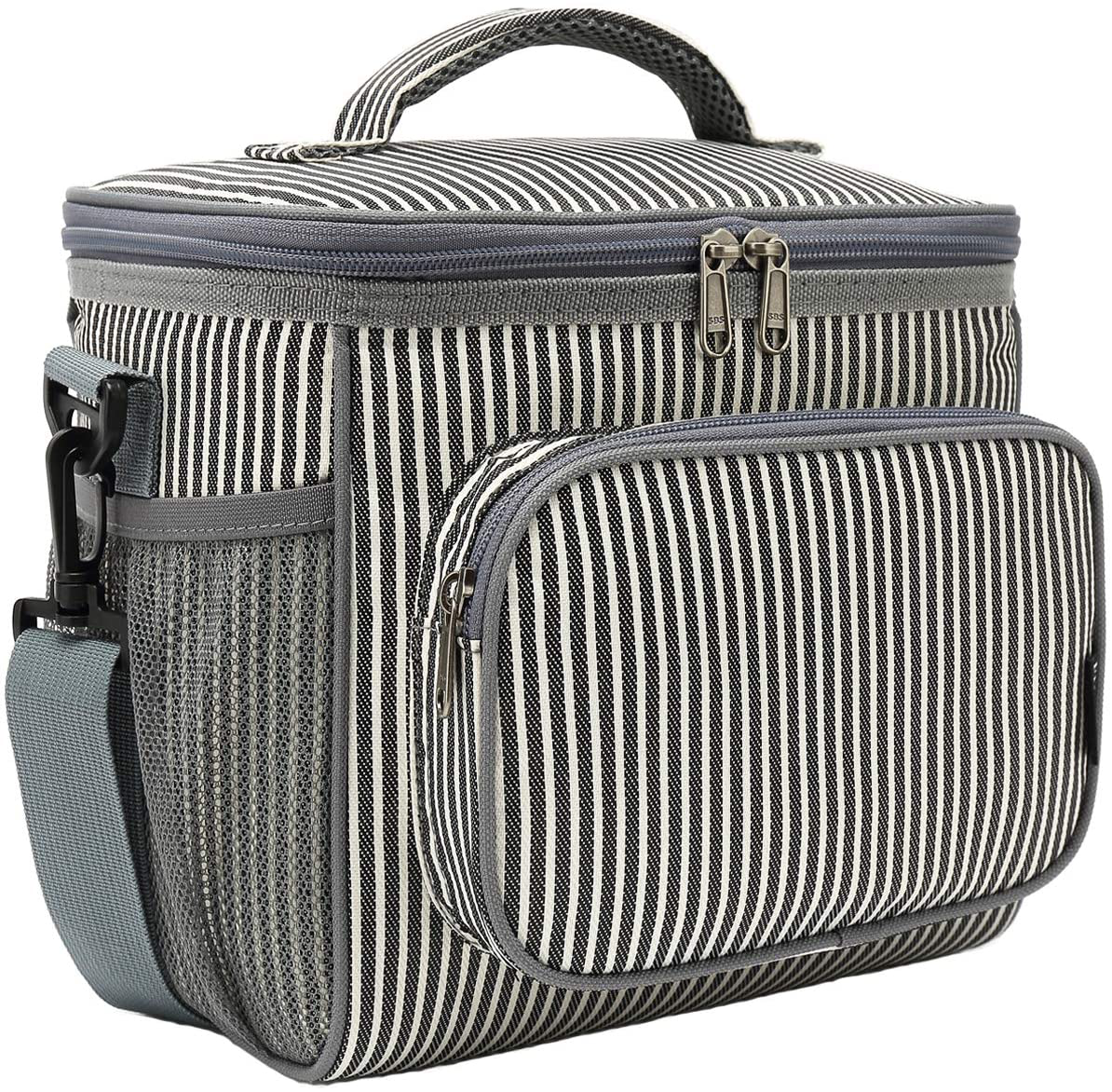 Rynx | Flowfly Insulated Reusable Lunch Box Adult Large Lunch Box For Women And Men With Adjustable Shoulder Strap Front Zipper Pocket And Double Large Mesh Pockets, White And Black Stripe