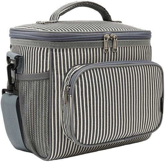 Rynx | Flowfly Insulated Reusable Lunch Box Adult Large Lunch Box For Women And Men With Adjustable Shoulder Strap Front Zipper Pocket And Double Large Mesh Pockets, White And Black Stripe