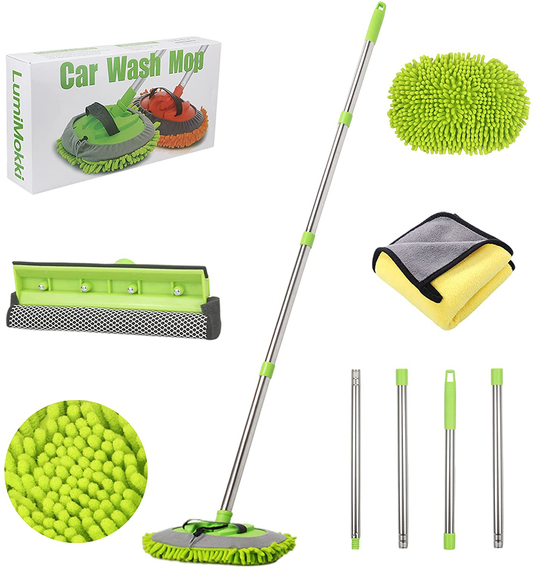 Rynx | 62" Car Wash Mop Kit, Car Wash Brush with Long Handle Stainless Steel Rod, Car Wash Kit Car Detailing Kit Car Wash Mop Mitt Car Cleaning Equipment Kit for RV Cars SUVs Trucks and Buses (Green)