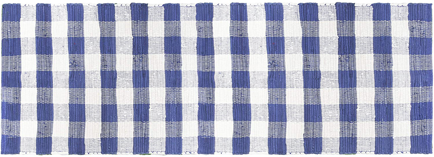 Rynx | GLAMBURG Cotton Reversible Area Runner Rug 2' x 6' for Bedroom Living Room Kitchen Hallway Front Porch Laundry Room, Handwoven Farmhouse Runner Rug, Washable Checkerboard Pattern Runner Rug Blue White