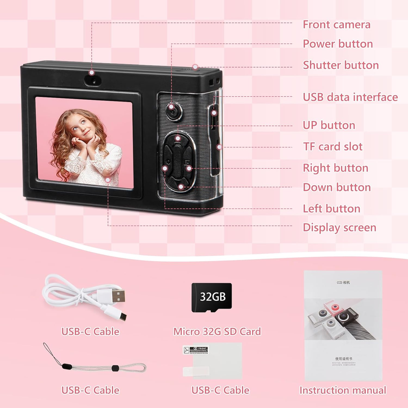 Rynx | 1080P Kids Camera with 32GB Card, 48MP 8X Zoom Digital Point-and-Shoot Camera