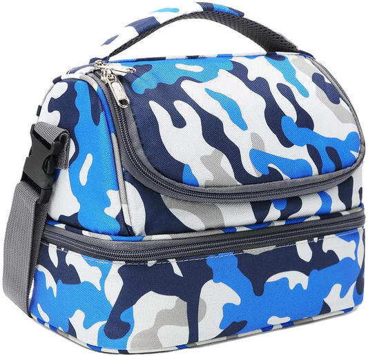 Rynx | Flowfly Kids Lunchbox Double Layer Insulated Lunch Bag Large Tote For Boys, Girls, Men, Women, With Adjustable Strap, Blue Camouflage