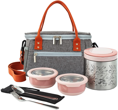 Rynx | Little Home Lunch Box Set, A Vacuum Insulated Bento/Food Box That Keeps Food Warm For 4-6 Hours, Two Steel Food Containers, A Lunch Bag, A Portable Cutlery Set (Green)