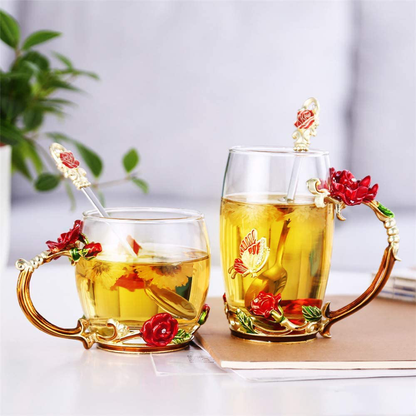 Rynx | Luka Tech Enamel Butterfly Flower Lead-free Glass Coffee Cups Tea Cup with Steel Spoon, Personal Gifts for Women Wife Mom Girl Teacher Friends Birthday Mother's Valentine's Day Wedding (Pink)