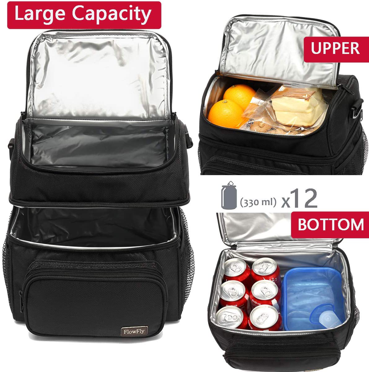 Rynx | Flowfly Double Layer Cooler Insulated Lunch Bag Adult Lunch Box Large Tote Bag For Men, Women, With Adjustable Strap, Front Pocket And Double Large Mesh Side Pockets, Navy Blue