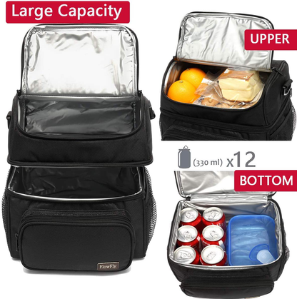 Rynx | Flowfly Double Layer Cooler Insulated Lunch Bag Adult Lunch Box Large Tote Bag For Men, Women, With Adjustable Strap, Front Pocket And Double Large Mesh Side Pockets, Navy Blue