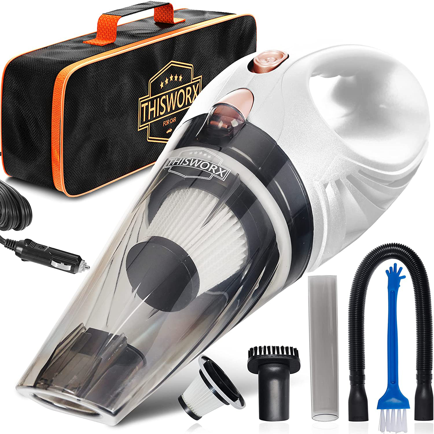 Rynx | Thisworx Car Vacuum Cleaner - Portable, high power, handheld vacuums with 3 attachments, 16 ft cord and bag - 12v, car accessory kit for interior detailing - Black