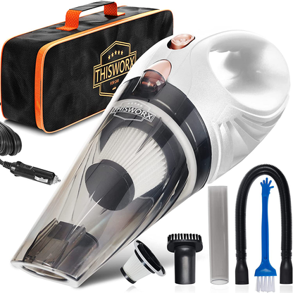 Rynx | Thisworx Car Vacuum Cleaner - Portable, high power, handheld vacuums with 3 attachments, 16 ft cord and bag - 12v, car accessory kit for interior detailing - Black