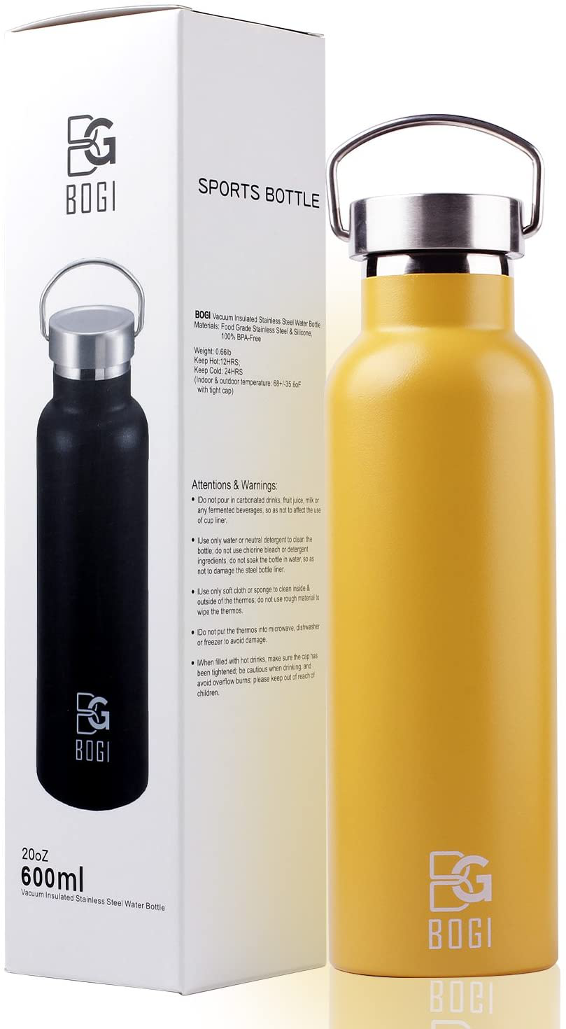 Rynx | BOGI 20oz Double Wall Vacuum Insulated Stainless Steel Water Bottle - Scratch Resistant & Eco-Friendly for Outdoor Sports Yoga Camping + Straw Flip Lid, 2 Straws & Cleaning Brush