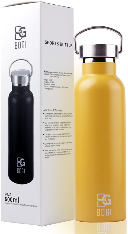 Rynx | BOGI 20oz Double Wall Vacuum Insulated Stainless Steel Water Bottle - Scratch Resistant & Eco-Friendly for Outdoor Sports Yoga Camping + Straw Flip Lid, 2 Straws & Cleaning Brush