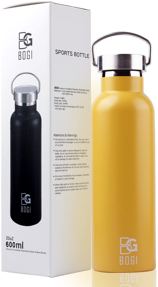 Rynx | BOGI 20oz Double Wall Vacuum Insulated Stainless Steel Water Bottle - Scratch Resistant & Eco-Friendly for Outdoor Sports Yoga Camping + Straw Flip Lid, 2 Straws & Cleaning Brush
