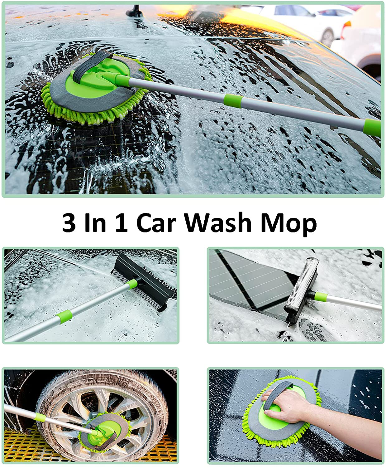 Rynx | Forcar 15pcs Car Cleaning Kit, Car Wash Brush With 43" Long Handle, Chenille Microfiber Glove, Extendable Long Pole Window Water Scraper For Interior And Exterior Car Detailing Kit