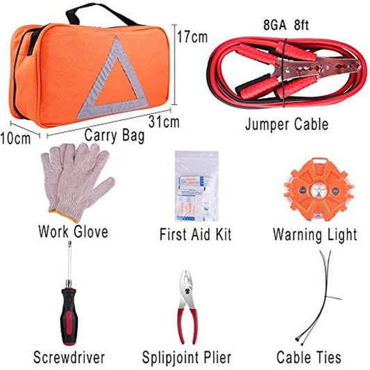 Rynx | Emergency Roadside Assistance Safety Kit - First Aid Kit, Jumper Cables, LED Warning Light, Work Gloves, Tools and More