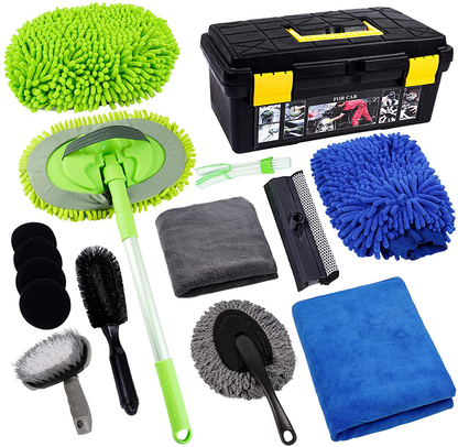 Rynx | Forcar 15pcs Car Cleaning Kit, Car Wash Brush With 43" Long Handle, Chenille Microfiber Glove, Extendable Long Pole Window Water Scraper For Interior And Exterior Car Detailing Kit
