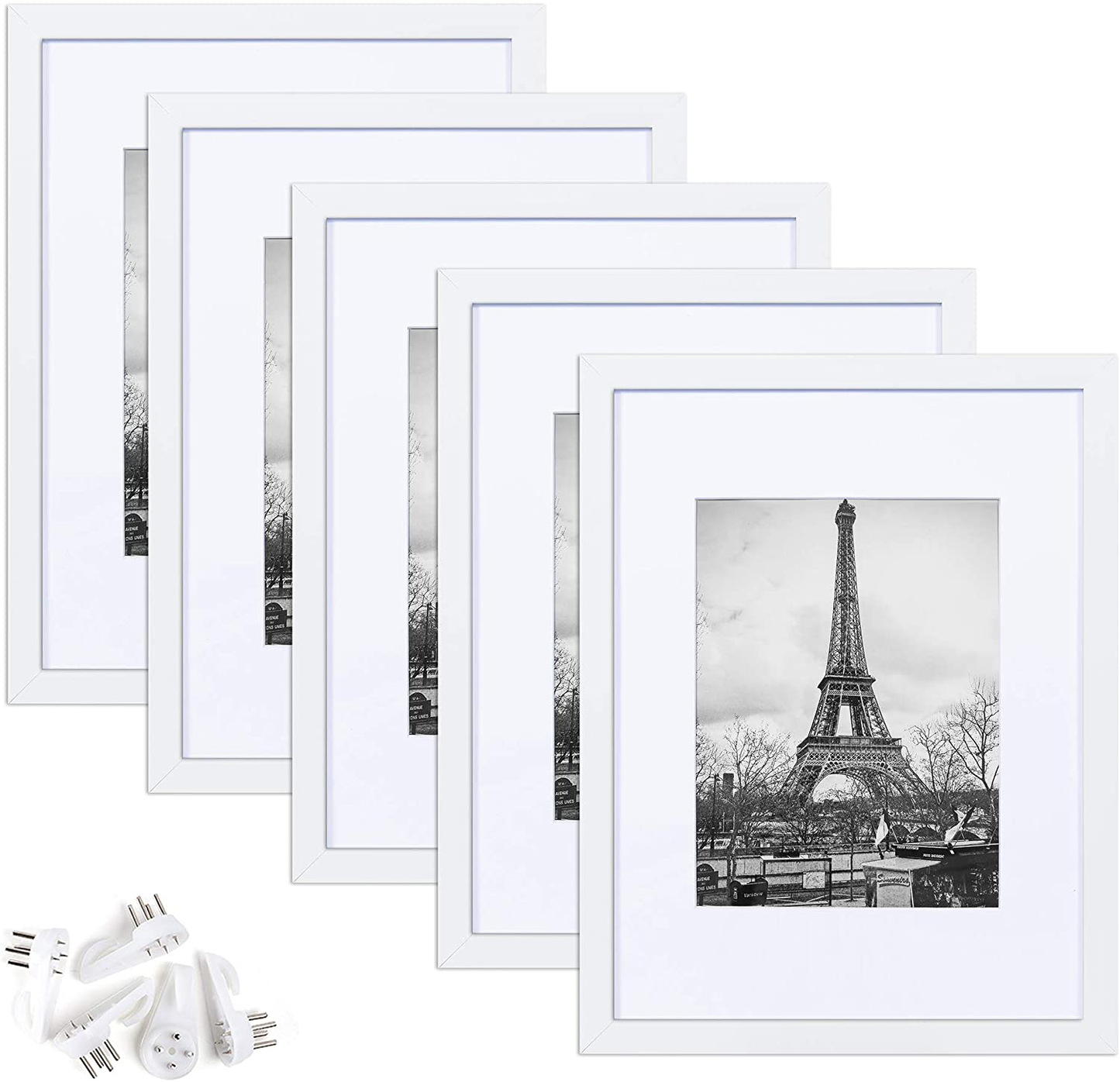 Rynx | Upsimples 9x12 Picture Frame Set For 5, Display Pictures 6x8 With Mat Or 9x12 Without Mat, Wall Gallery Photo Frames, White
